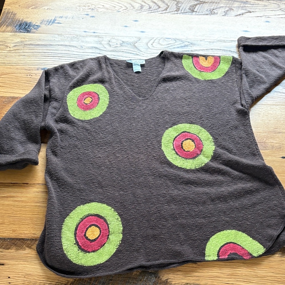 Victoria Brown V-Neck Sweater with Colorful Circles - OS